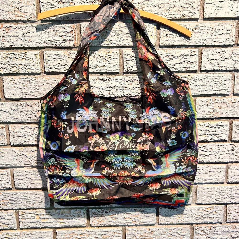 Johnny Was California Foldable Reusable Shopping Tote Bag Floral Phoenix Black